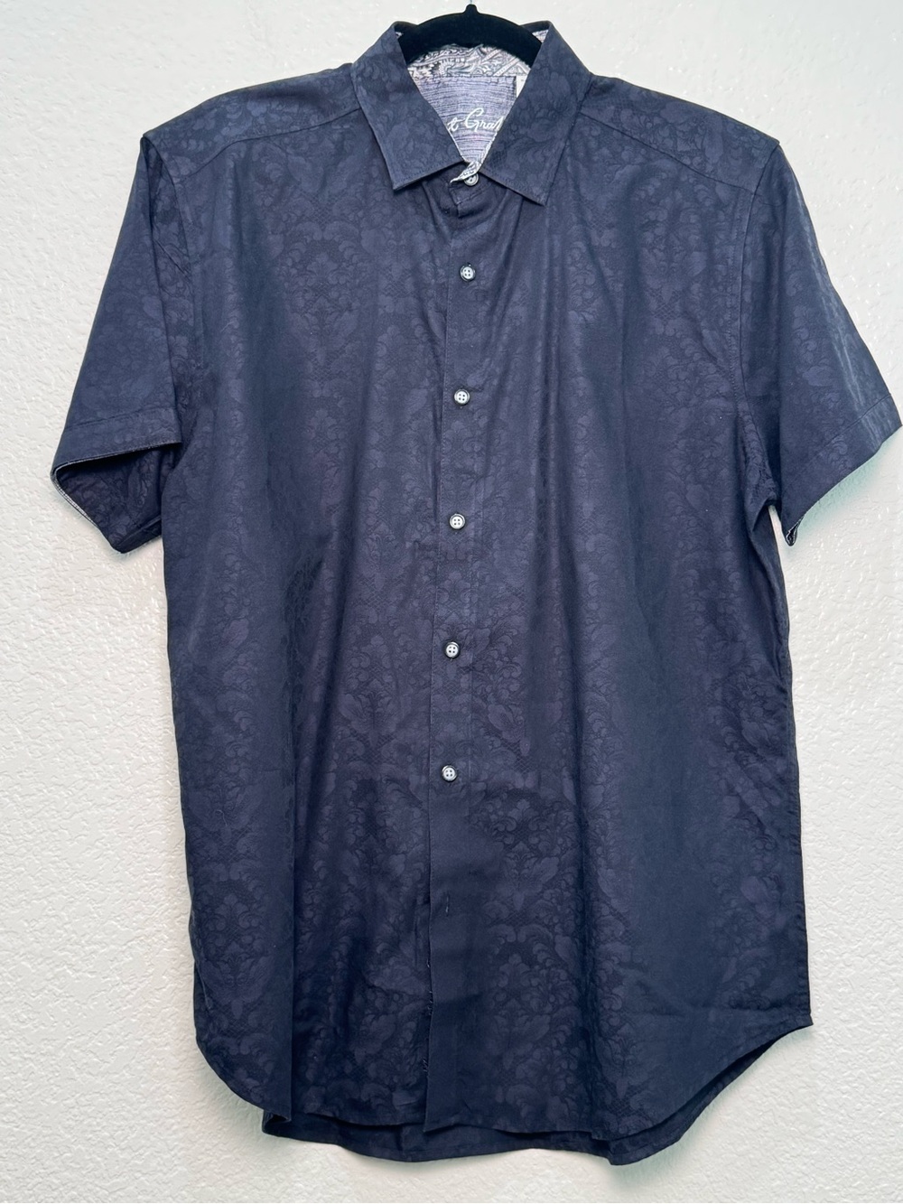 Robert Graham Shirt Mens L Navy Floral Jacquard Classic Fit Short Sleeve Cotton